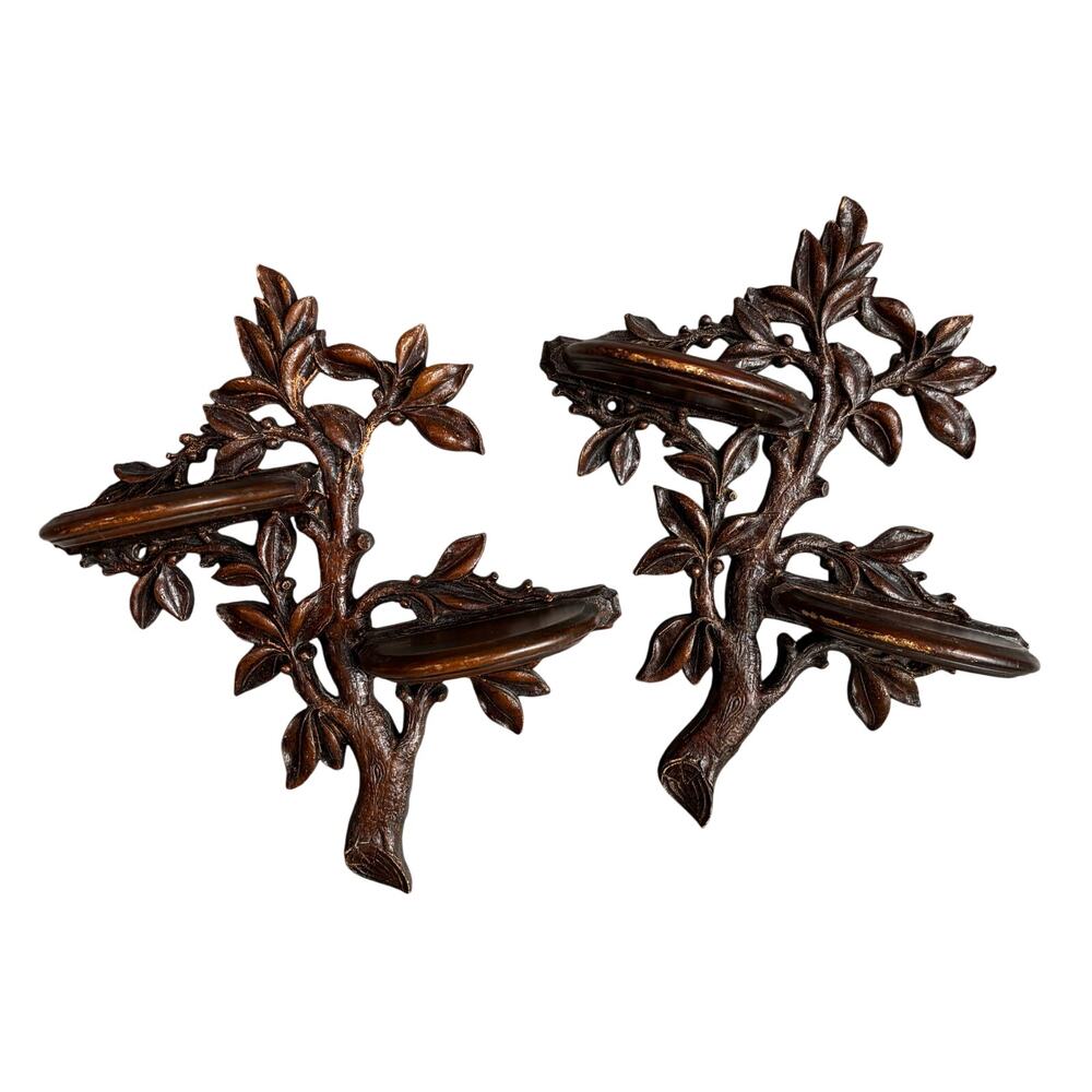 Vintage Syroco Wood Tree Branches Wall Sconces Double Shelves USA Mid Century